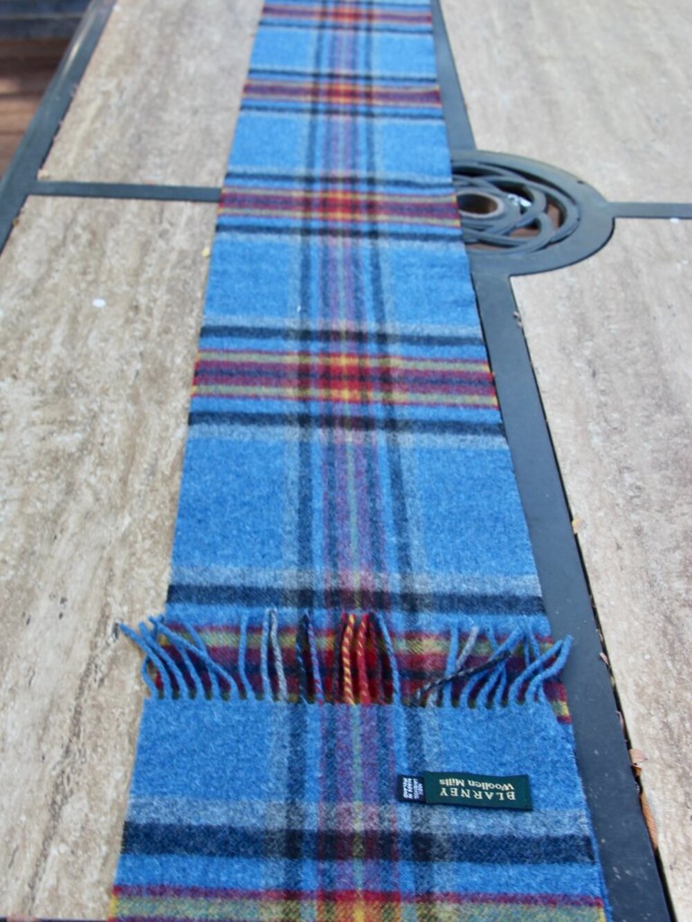 Blue plaid wool scarf